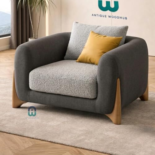 Image of Modern Sofa, Teddy Fabric, Chesterfield Style, Wooden Legs, for Living Room, Bedroom, Hallways (Dark Grey-Light Grey, 3+1+Ottoman)