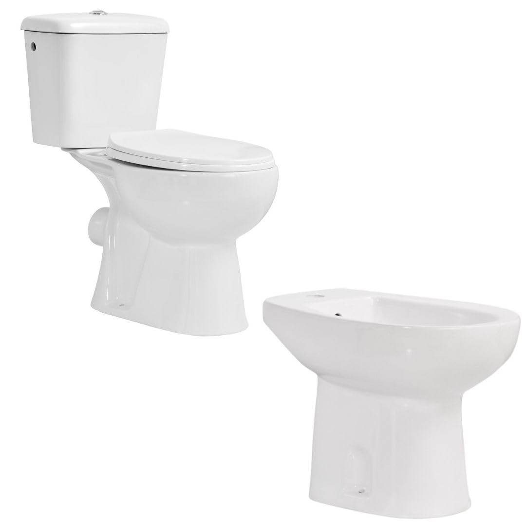 INODORO Completo con BIDET, Inodoro y Bidet Blanco, Pack Wc Inodoro, Retrete con Bidet para Hogar, Sistema Antibacterias, Tapa Dura Extrafina Amortiguada, Salida Horizontal