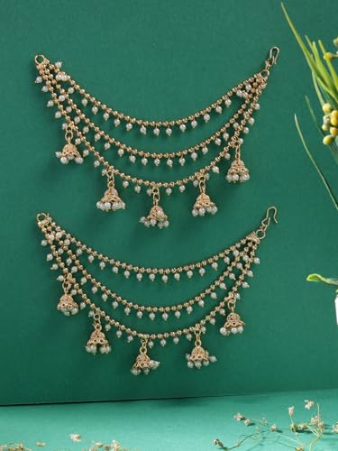 Image of Sukkhi Classical Traditional 18k Gold Plated with Brass Metal & Pearls Studded Jhumka /Jhumki Multi Layer Ear Kan Chain Earring Jewellery for Women & Girls|Bahubali Inspired Long Chain