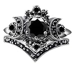 Wicca Pagan Triple Moon Godness Band Ring Set Black Purple Crystal Crescent Women Wedding Engagement Promise Jewelry, Metal, Agate