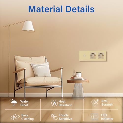 BSEED Touch Lichtschalter mit Steckdosen 1 Fach 1 Weg Wandschalter mit doppelten Steckdosen Unterputz Touchscreen-schalter mit Glasrahmen 228mm Golden