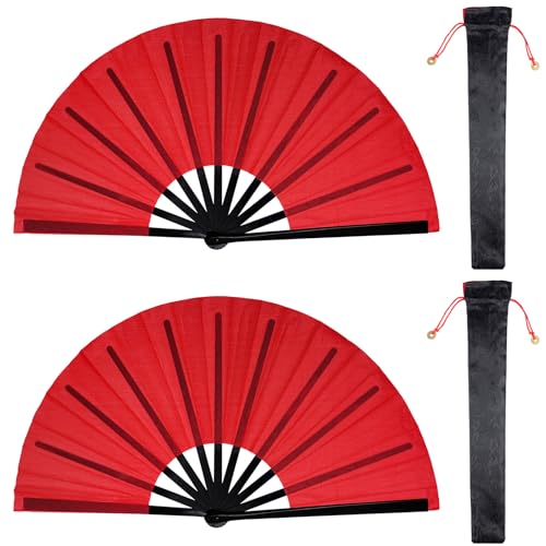 Nydotd 2 Packs Large Rave Fan Handheld Folding Fans Nylon Cloth Foldable with Holder Sleeve for Men and Women Performance Line Dance Chinese Kung Fu Tai Chi Decorations Festival Party Gift (Red)