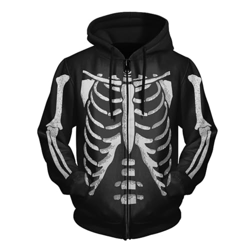 Coupe décontractée pour look streetwear homme sweat-shirt imprimé squelette 3D zippé