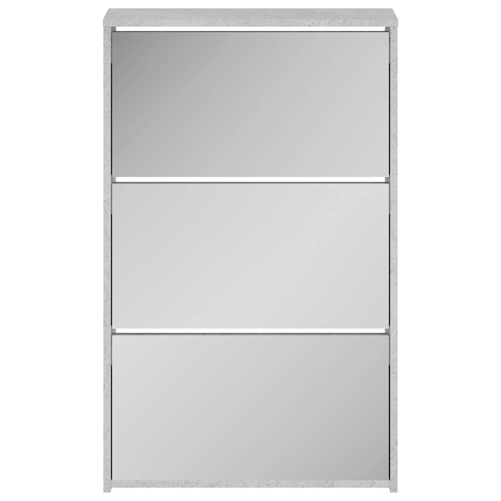 Zapatero con espejo, color gris hormigón, material de madera, 63 x 17 x 102,5 cm, 3 compartimentos, espacio de almacenamiento, para pasillo, salón, dormitorio, con estantes plegables para