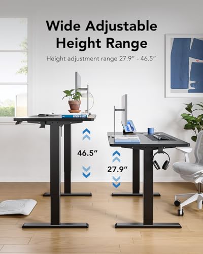 HUANUO 55" x 28" Electric Standing Desk Adjustable Height, 4 Memory Height Settings, Headphone Hook, Cable Manager, Sit Stand Up Desk for Home Office & Computer Workstation, Black