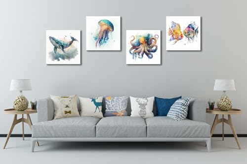 Image of Colorful Marine Life Canvas Wall Art for Bathroom Decor, Green Jellyfish Picture Print, Watercolor Fish Artwork Sea Life Blue Orange Octopus Painting Poster for Bedroom Living Room Decoration 12 inchx12 inch