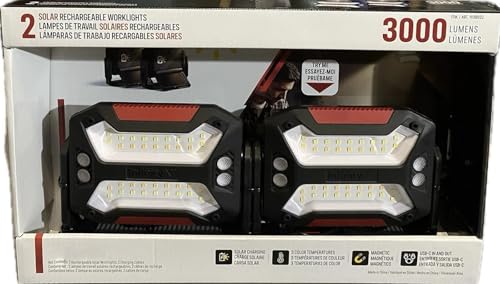 Solar Rechargeable Worklights, 3000 Lumens, 3 Color Temperatures, Magnetic, USB-C, 360° Adjustable Stand, 2-Pack