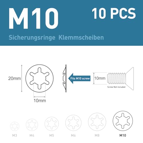BOUMVID 10 Stück M10 Unterlegscheiben Edelstahl 304, A2 Geschwindigkeit Zahn Sicherungsscheiben, Klemmring Sicherungsringe Klemmscheiben, Silber Innenzahn Unterlegscheiben