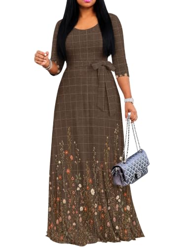 Image of PinkPatty Women's Plus Size Maxi Dresses Casual Flowy 3 /4 Sleeves Dress Printed Vacation Dress for Daily Wear with Belt