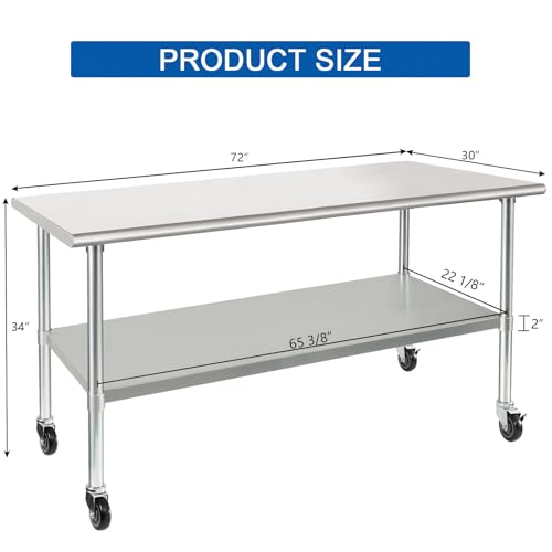 HARDURA Stainless Steel Table with Wheels 30 x 72 Inches Casters NSF Heavy Duty Commercial Prep Table with Undershelf and Galvanized Legs for Food Prep