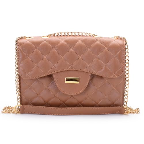 Bolsa Transversal Feminina Matelassê com Corrente Dourada, Alça Ajustável, Couro Legítimo (Caramelo)
