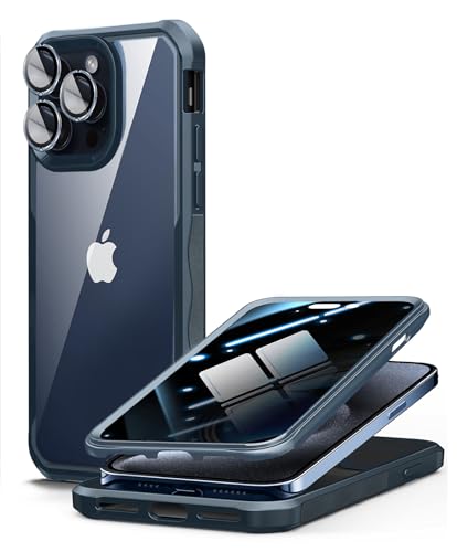 OMGZONE Privacy Case for iPhone 15 Pro Max 360 Degree Cover,Screen Protector built-in Privacy Tempered Glass and Camera Lens Protector,Full Body Shockproof Bumper Case for iPhone 15 Pro Max,Blue