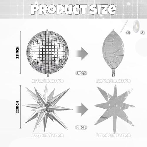 Image of 6pcs 22 inch Silver Star Balloons and Disco 4D Large Foil Balloons, Silver Foil Star Balloon 4D Aluminum Balloon For Birthday Baby Shower 70s 80s Disco theme Party Wedding Anniversary Decorations