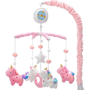 Unicorn Baby Crib Mobile for Girls with Music Box (100+ Lullabies), Rotating Plush Crib Toys for Newborns, Infant, Baby Shower Gift