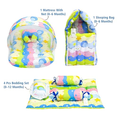 Image of Fareto Combo of Baby Bed with Net | Carry Bag | 4 Pcs Bedding Set (0-6 Months, Baby Size, Cotton) (Blue NEW Star)