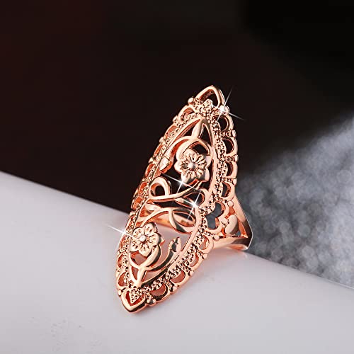Qobebota Elegant Size 10 18K Rose Gold Plated Statement Rings Hollow Carved Flower Full Finger Ring Wide Band Birthday Gifts Chunky Gold Thumb Rings Cocktail Rings For Women thumb #3