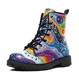 Onegam Punk Combat Boots, Stylish Motorcycle Booties for Men & Women, Waterproof Work Boot with Rainbow Universe Artistic Design