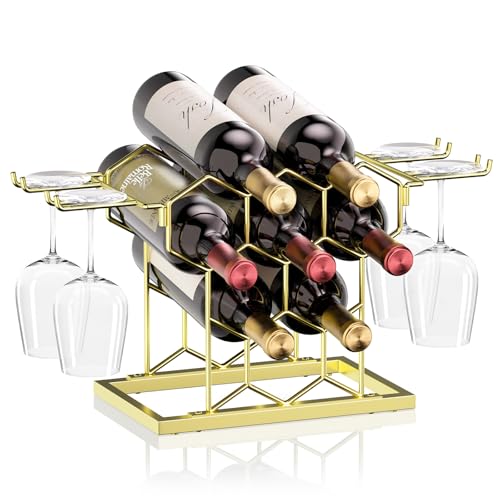 NANAGIFTREE Countertop Wine Rack, 8 Bottle Freestanding Modern Black Metal Small, 3 Tier Tabletop Wine Holder Stand for Cabinet, Pantry - Wine Racks Countertop (Gold)
