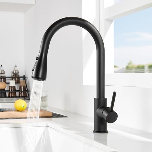 DERW Black Kitchen Tap, Kitchen Mixer Taps with Pull Out Sprayer, Swivel Spout with 2 Modes Spray, Stainless Steel Construction, Single Handle for Easy Control, Anti-Burst Hose, Quick Installation
