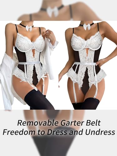 Image of Lilosy Sexy Stocking Lace Mesh Bodysuit Top Underwire Garter Lingerie Set 3 Piece