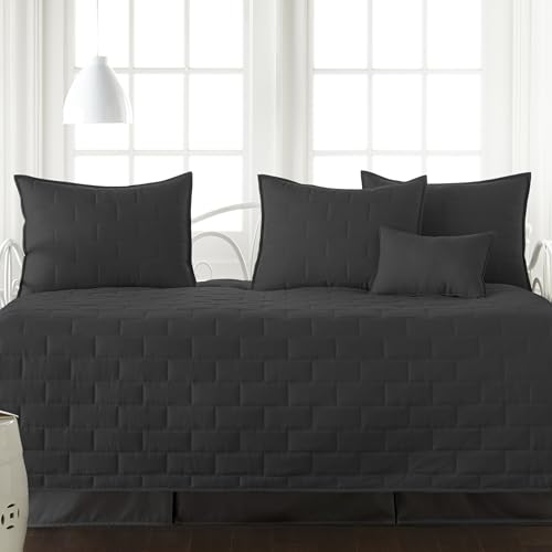 Image of Southshore Fine Living, Inc. Twin Daybed Comforter Set, 6-Piece Twin Bedding Set with Daybed Cover, 3 Pillow Shams, Bed Skirt, Throw Pillow - Day Bed Quilt Set, Brickyard Black