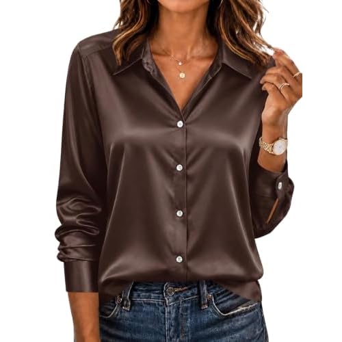 LOMON Women Satin Blouses Long Sleeve Button Down Shirts for Women