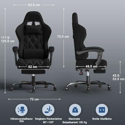 Devoko Gaming Stuhl Stoff ergonomisch mit Massagefunktion und Fußstütze, Taschenfederkernpolster, 135° verstellbar, atmungsaktiv für Home Office oder Gaming Zimmer schwarz – Bild 4