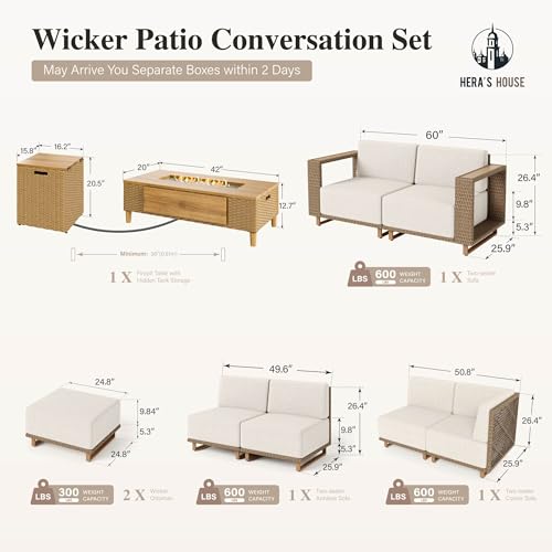 Image of HERA'S HOUSE Patio Furniture Set with Fire Pit, 8 Seats Sectional Outdoor Yellow Rattan Wicker Sofa, Modular Deep Seating Conversation Set with 10 inch Thick Cushion, Low Profile Deck Yard Lawn Furniture