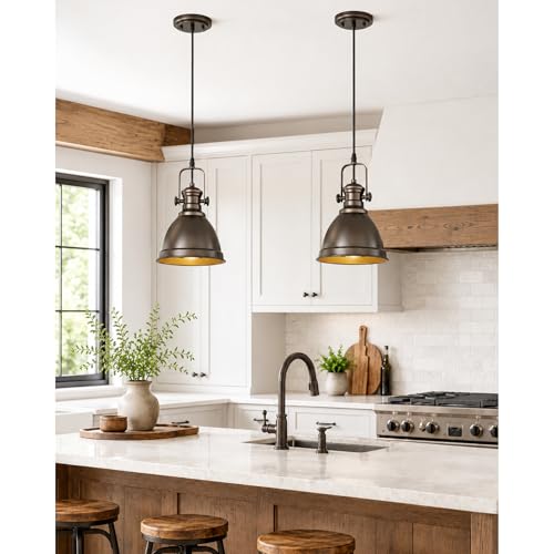 Image of 2-Pack 8 inch Pendant Lights Kitchen Island, Oil Rubbed Bronze | Farmhouse Kitchen Pendant Lighting over Island for Dining Room, Metal Shade, Adjustable Height, E26 Base, 2151-2PM-ORB