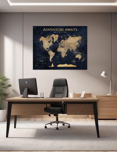 Image of IPIC - World Map Canvas Painting for Wall Decor, Pinnable Travel Map, 30 inch x 24 inch Blue and Gold