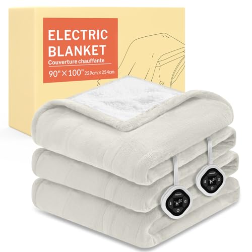 Image of HOMLYNS LuxeHeat Heated Blanket Electric Blanket King Size, Soft Flannel Sherpa Heating Blanket with 10 Heat Settings, 1-10 hrs Timer Auto Shut Off (90x100 inches, Cream), Only for 120V Voltage Use