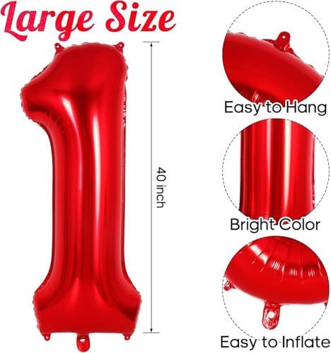 Image of 40 Inch Red Number 1 Balloon, Foil Heart Balloons for 1st Birthday Decorations, 1st Birthday Balloon Set for Valentine's Day Wedding Anniversary Baby Shower Decorations