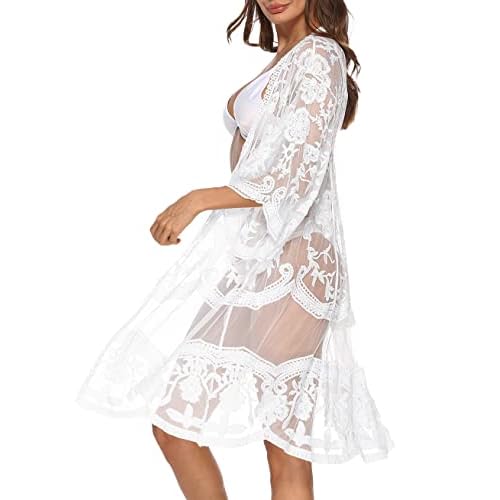 Women's Lace Cardigan Floral Crochet Sheer Beach Cover Ups Long Open Kimono