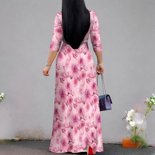 Image of SUZONANA Plus Size Dresses for Curvy Women Floral Print Maxi Dress Bodycon Wrap Boho 3 /4 Sleeve Long Dressy with Belt Wedding Guest Pink L