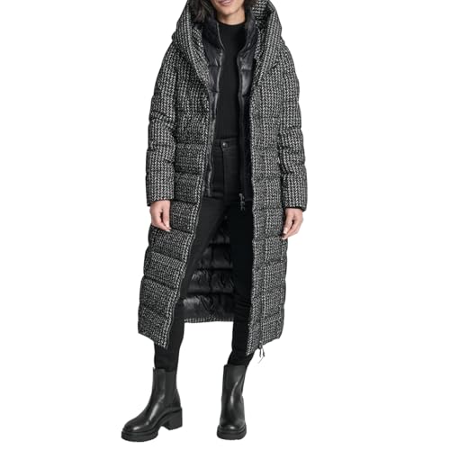 DKNY Women's Maxi Puffer Coat with Bib and Shawl Collar – Long Quilted Winter Jacket, Herringbone Flock, XS