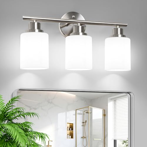 Image of Unicozin 3 Light Bathroom Light Fixtures, Modern Vanity Lights with Milky Glass Shade, Brushed Nickel Wall Lamp Over Mirror for Bathroom, Living Room, Cabinet, Bedroom, E26 Base