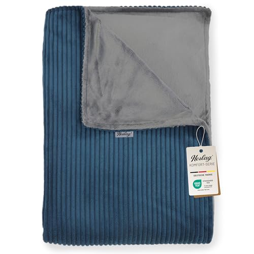 Herlag Tagesdecke Ella140x200cm, Flauschige Kuscheldecke für Erwachsene & Kinder, Couchdecke 2-seitig Cord & Fleece, Sofadecke waschbar bis 40°C, Öko-Tex 100 Zertifiziert, Blau