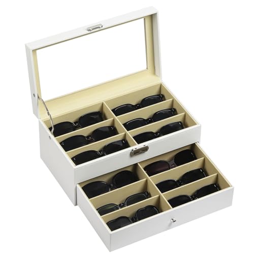 Image of AUTOARK Leather 12 Piece Eyeglasses Storage Display Case,White,AW-053 | Sunglass Organizer,Drawer Lockable,Display Drawer