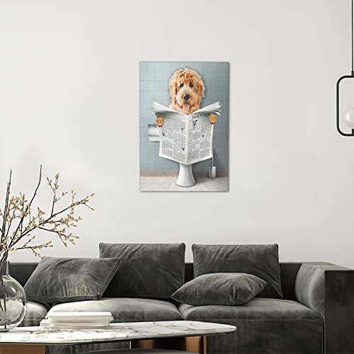 Dog On Toilet Reading Newspaper Wall Art Bathroom Decor Animal Canvas Prints Cute Dog Decor Artwork Living Room Decor Paintings For Wall Framed Home Decorations Picture Ready To Hang 8X10 Inch Drawpro #TOP3