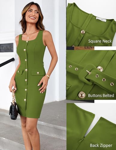 Image of GRACE KARIN 2025 Women's Buttons Belted Square Neck Business Work Dress Sleeveless Bodycon Midi Dress
