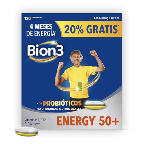 Bion3 Energy 50+ Comprimidos Multivitamínicos con Probióticos, Complemento Alimenticio, Energía Física y Mental¹, Vitamina C, D, A, Complejo B, Hierro