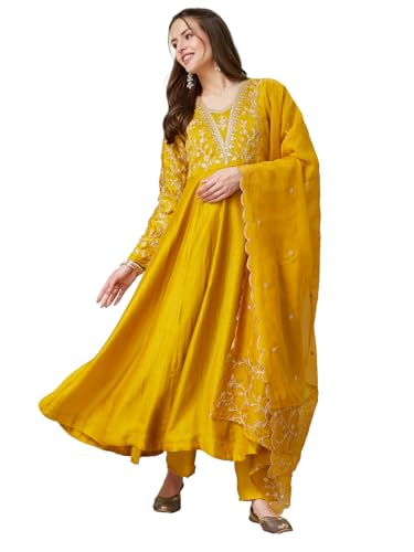 Image of MOKOSH Women's Silk Anarkali Kurta Pant with Dupatta | Anarkali Kurta Set | Embroidered | 3 Piece Outfit | Floral Ethnic Suit 4 Colour Options Available