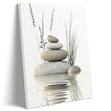 Zen Stone Canvas Wall Art Neutral Stacked Stones in Water with Wild Grass Painting Minimalist Zen StoneTranquil Spa Yoga Meditation Poster Print for Bathroom Bedroom Wall Decor Ready to Hang 12x16in