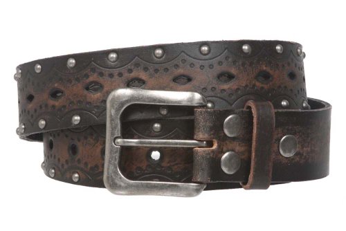 1 1/2" Snap on Perforated Studded Vintage Embossed Solid Leather Jean Belt2