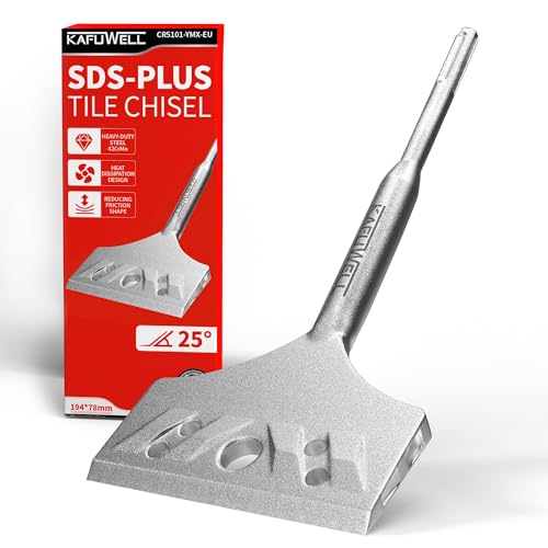 KAFUWELL Cincel SDS Plus para Azulejos y Baldosas, 194x78 mm Ángulo 25°, Cincel Albañil Calidad Industrial 42CrMo para Quitar Azulejos y Adhesivo, Diseño Ventilado Innovador, para Martillo Perforador