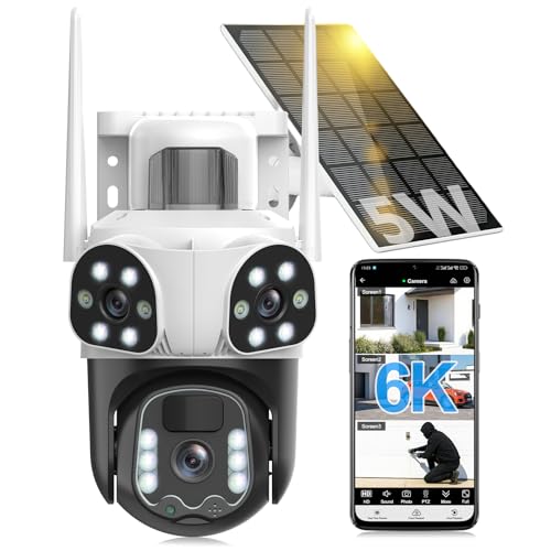 Budsun 12 MP Überwachungskamera WiFi für den Außenbereich, mit dreifachem Objektiv, 355°PTZ Kamera 3-in-1, menschliche Erkennung mit Solarpanel, automatische Tracking, Farbsicht, bidirektionales Audio