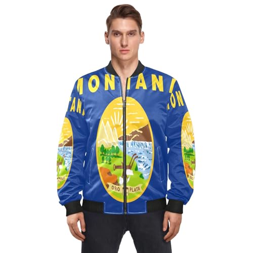 GuoChe Montana State Flag Mens Bomber Jacket Waterproof Mens Outerwear Jackets Coats Soft Shell Golf Outer Wear XXL