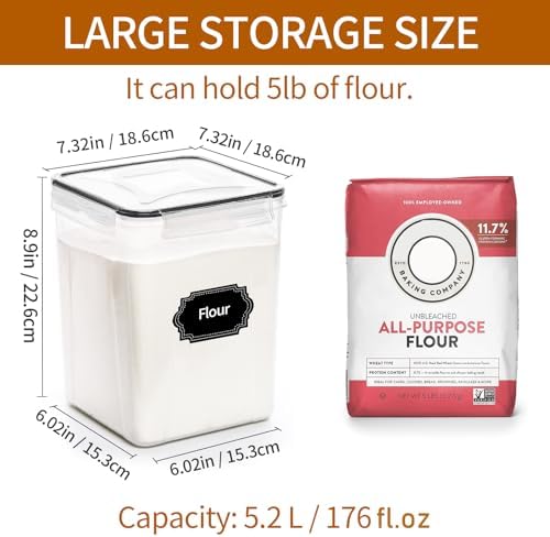 4 Pack Large Airtight Food Storage Containers with Lids (5.2L / 176oz), BPA Free Plastic Kitchen and Pantry Organization Contianers for Cereal Flour and Sugar Storage, Labels & Marker - Thumbnail 5