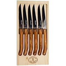 Jean Dubost Laguiole 6-Piece Steak Knife Set, Olive Wood Handles - 1.5 mm Blades - Rust-Resistant Stainless Steel - Includes Wooden Tray - Made in France
