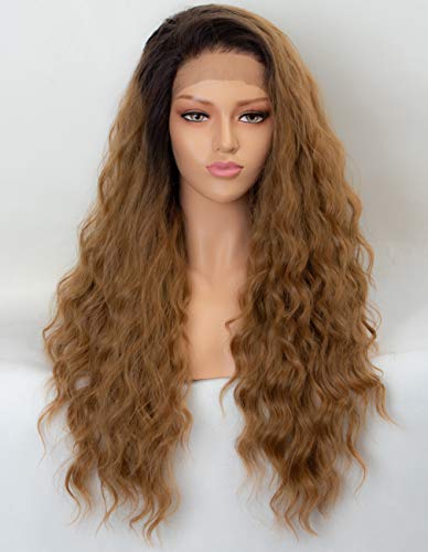 Persephone Ombre Brown Lace Front Wig Glueless Wavy Synthetic Wigs for Women Free Part Heat Resistant 22 Inches